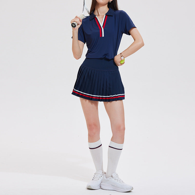 Anti-shine pleated skirt quick-drying V-neck short-sleeved golf suit