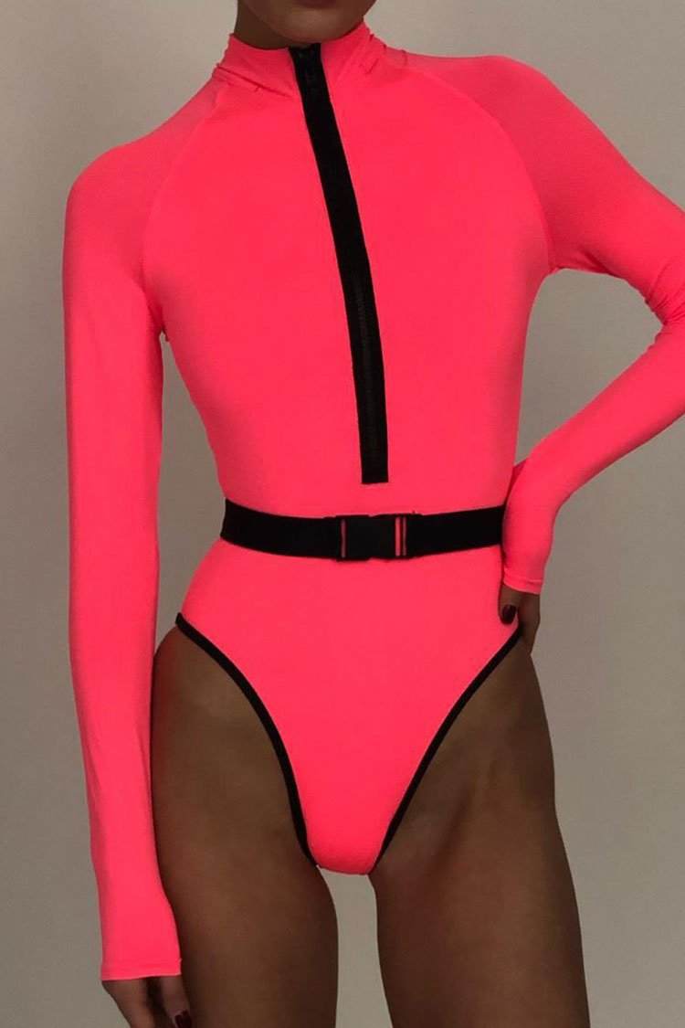 Neon Sleeved Zipper Front High Neck One Piece Swimsuit