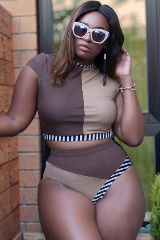 Plus Size High Waist Color Block Sleeved Crop Bikini - Two Piece Set