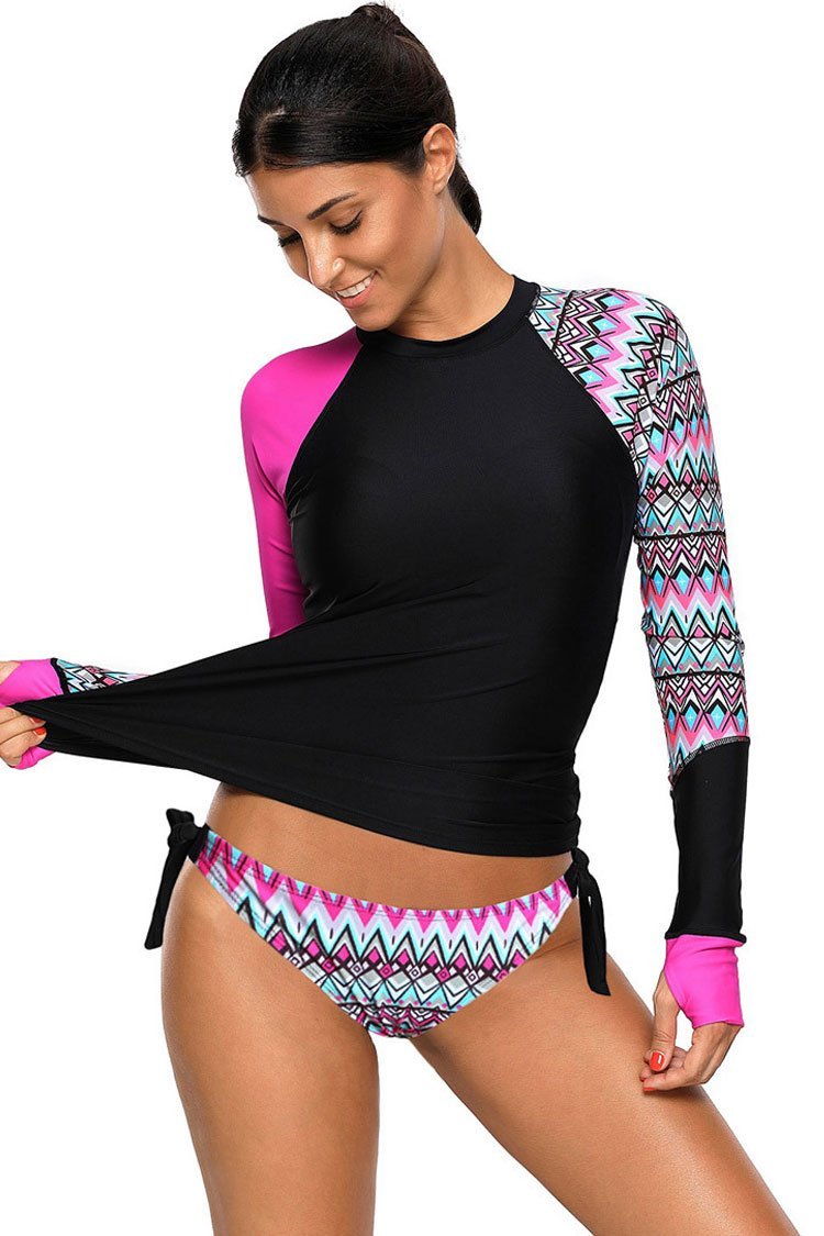 Ethnic Color Block Long Sleeve Rash Guard Tankini Swimsuit - Two Piece Set