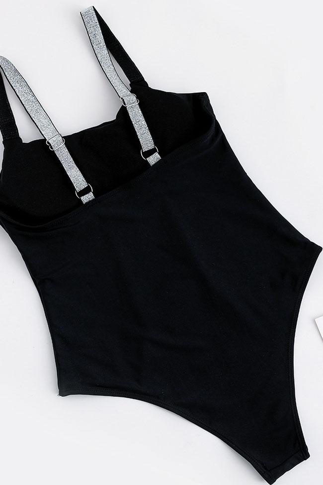 Metallic Shoulder Straps High Leg One Piece Swimsuit