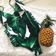 Leaf Print Hollow Out Bandage Bathing Suit