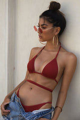 Ribbed Self Tie Sliding Triangle Bikini - Two Piece Set