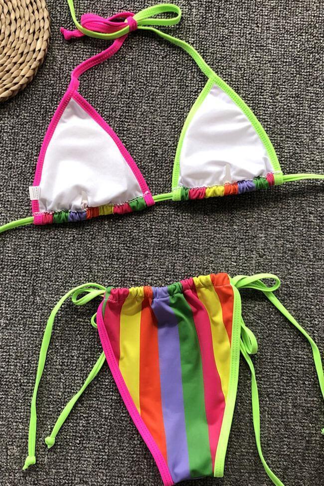 Rainbow Striped Strappy Slide Triangle Bikini - Two Piece Swimsuit