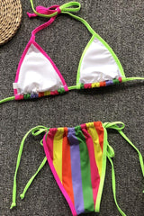 Rainbow Striped Strappy Slide Triangle Bikini - Two Piece Swimsuit