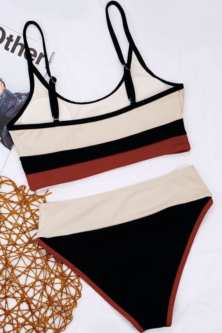 Contrast High Waist Ribbed Bralette Bikini - Two Piece Set