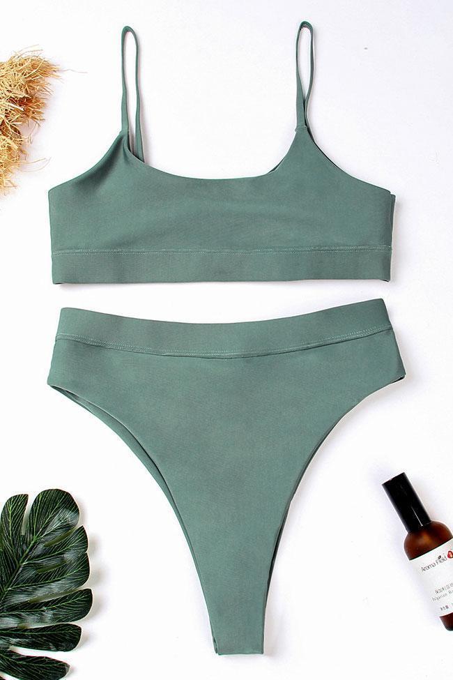 Army Green High Waist High Cut Thong Bralette Bikini