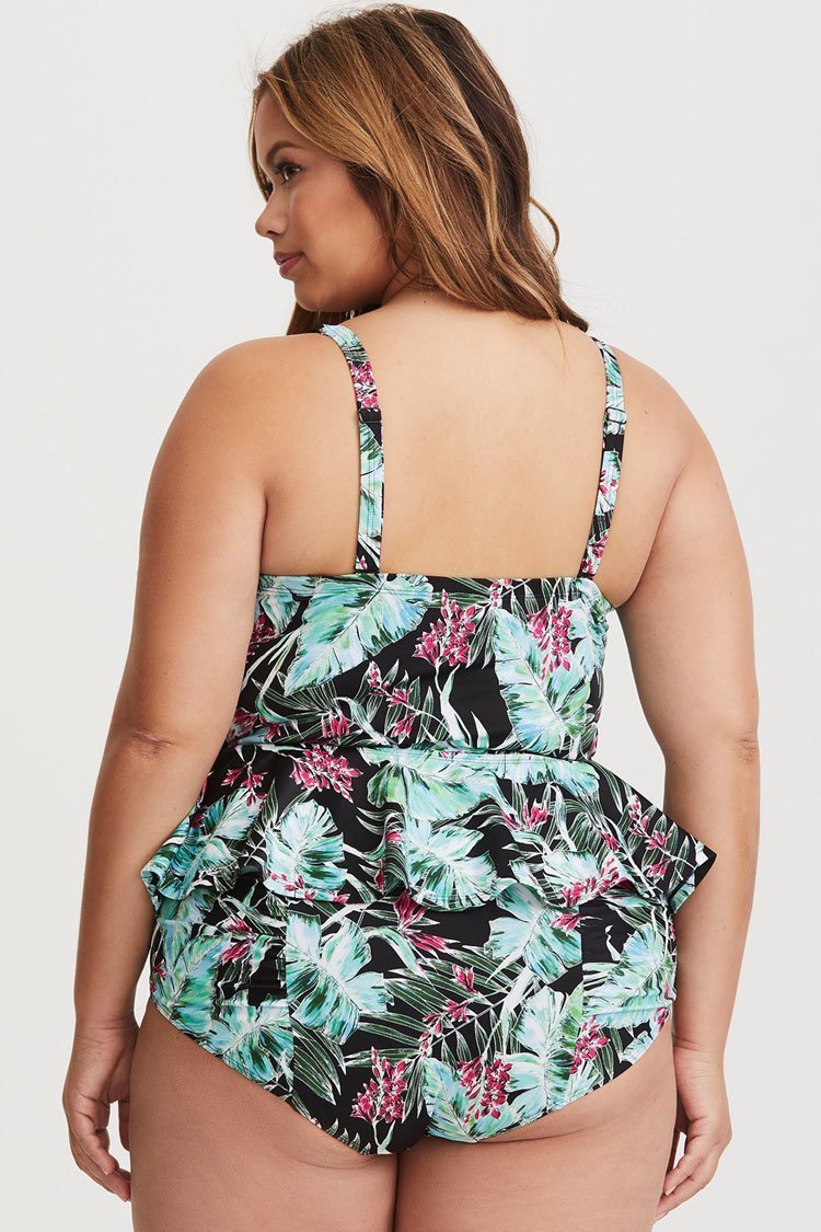 Plus Size Tropical Leaf Underwire Peplum Tankini Swimsuit - Two Piece Set