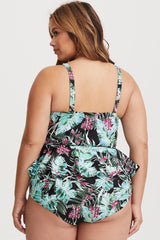 Plus Size Tropical Leaf Underwire Peplum Tankini Swimsuit - Two Piece Set