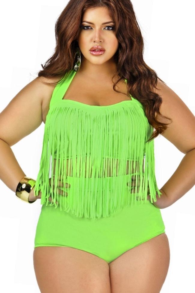Plus Size Timeless Fringed Halter Bandeau Bikini - Two Piece Swimsuit
