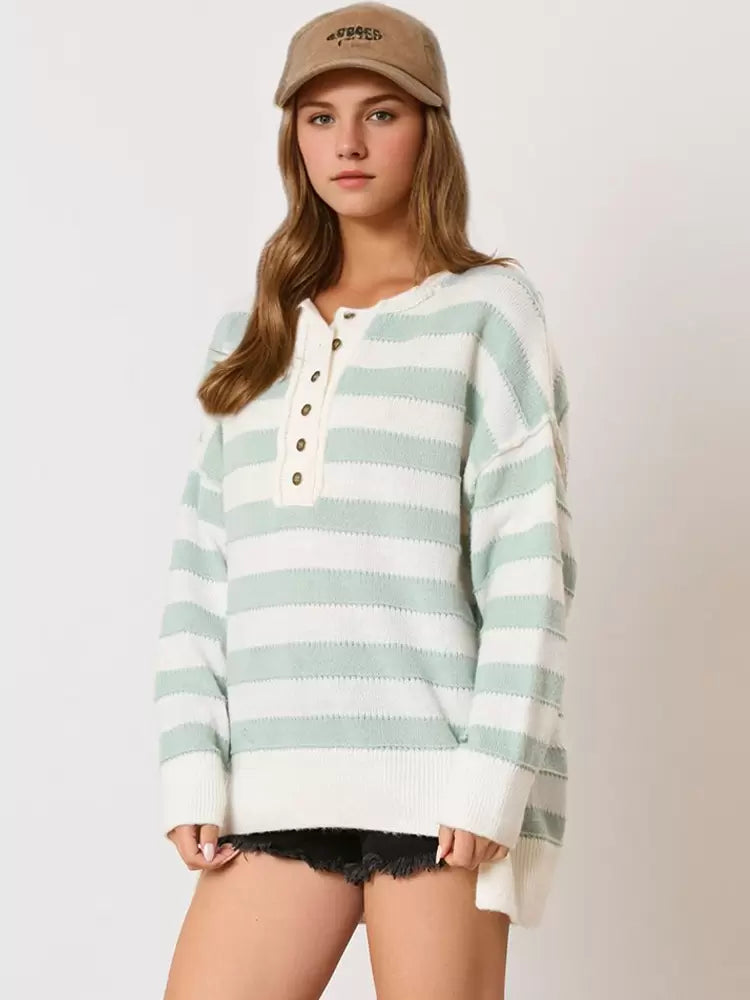 Jewel Neck Long Sleeves Buttons Stripes Pullover Elegant Sweater