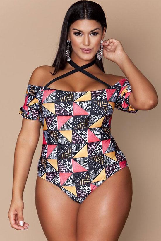Plus Size Handkerchief Print Off Shoulder One Piece Swimsuit