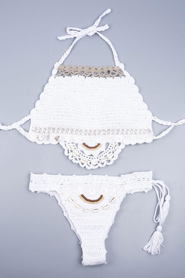 White Bohemian Shell Trim Scalloped Crochet High Neck Bikini