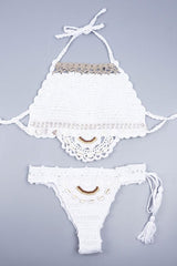 White Bohemian Shell Trim Scalloped Crochet High Neck Bikini