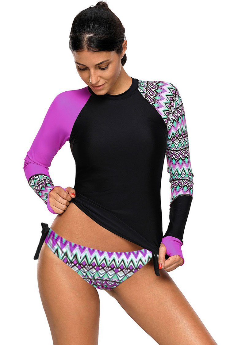 Ethnic Color Block Long Sleeve Rash Guard Tankini Swimsuit - Two Piece Set