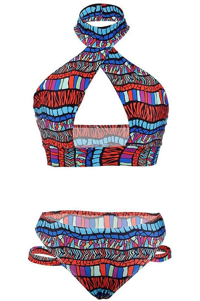 Tribal Geometric Print Cut Out Halter Bikini - Two Piece Set