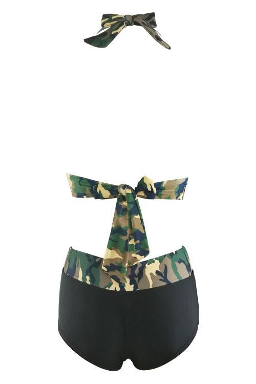 Black Camo Print Halter High Waisted Boyshort Two Piece Swimsuit