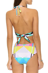 Multicolor Geometric Twist Front Low Back Deep V Halter Monokini