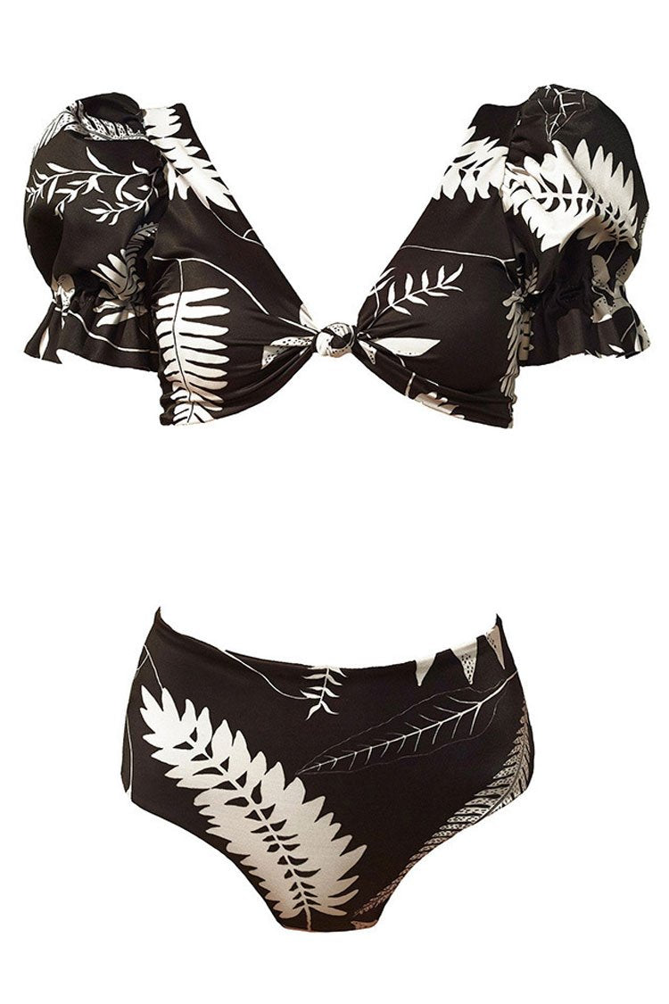 Puff Sleeve Tropical Print V Neck Bikini - Two Piece Set