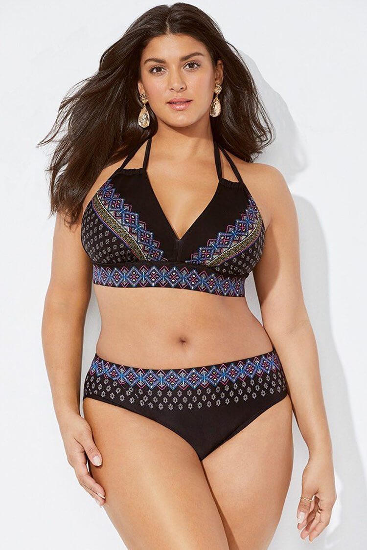 Plus Size Ethnic Print Triangle Halter Bikini - Two Piece Set