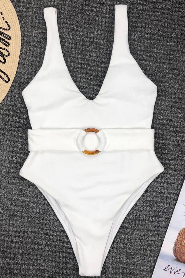 Elegant Ribbed High Leg Belted Deep V One Piece Swimsuit