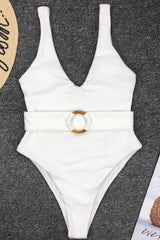 Elegant Ribbed High Leg Belted Deep V One Piece Swimsuit