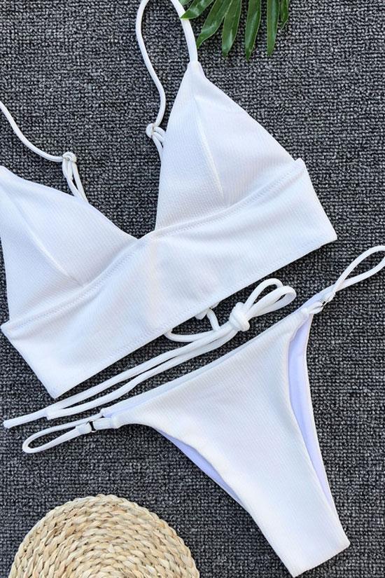 Ribbed Lace Up Back Triangle Bikini - Two Piece Swimsuit