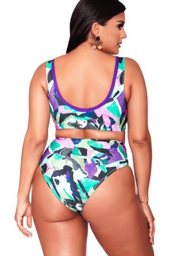 Plus Size Colorful High Waist Crop Bikini - Two Piece Set