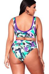Plus Size Colorful High Waist Crop Bikini - Two Piece Set