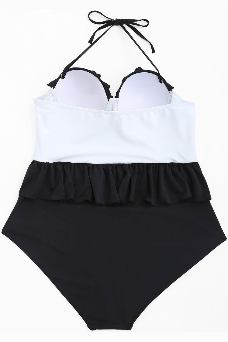 Plus Size Color Block Ruffle Peplum One Piece Swimsuit