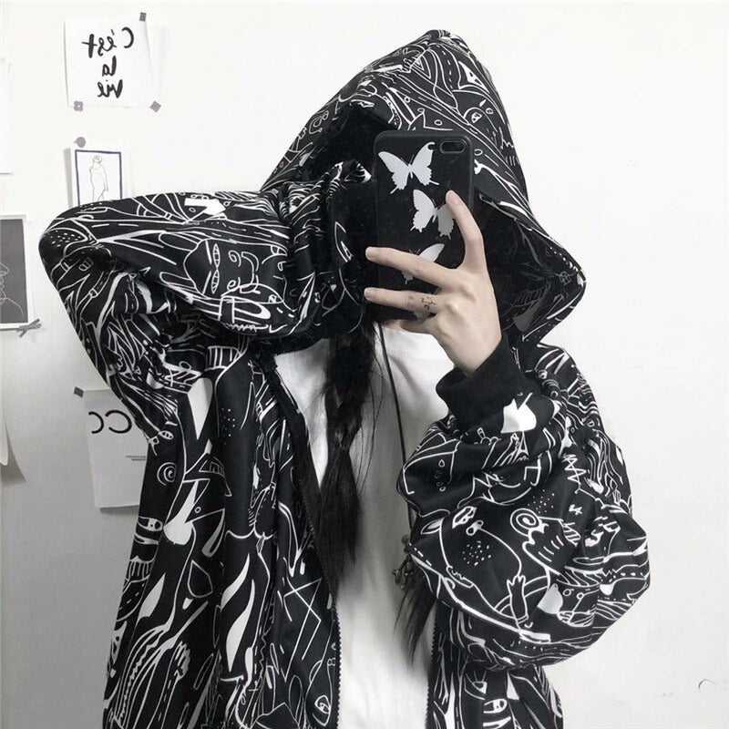 Abstract Print Hooded Plus Fleece  Street Wear Jacket