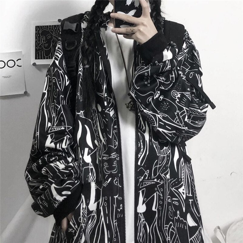Abstract Print Hooded Plus Fleece  Street Wear Jacket