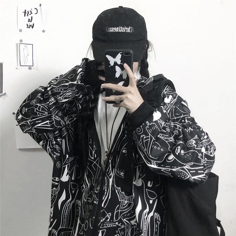 Abstract Print Hooded Plus Fleece  Street Wear Jacket