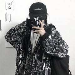 Abstract Print Hooded Plus Fleece  Street Wear Jacket