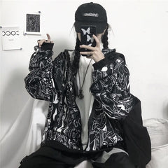 Abstract Print Hooded Plus Fleece  Street Wear Jacket