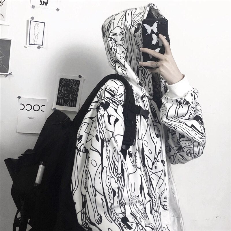 Abstract Print Hooded Plus Fleece  Street Wear Jacket