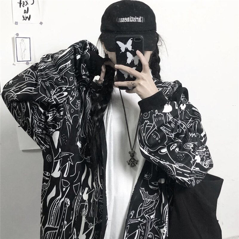 Abstract Print Hooded Plus Fleece  Street Wear Jacket