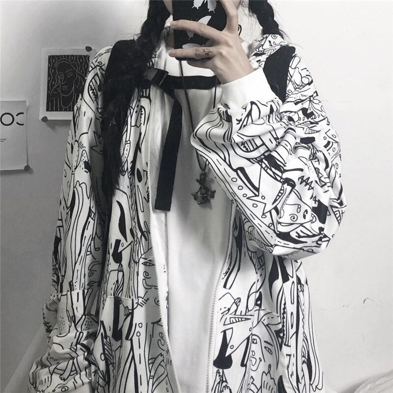 Abstract Print Hooded Plus Fleece  Street Wear Jacket