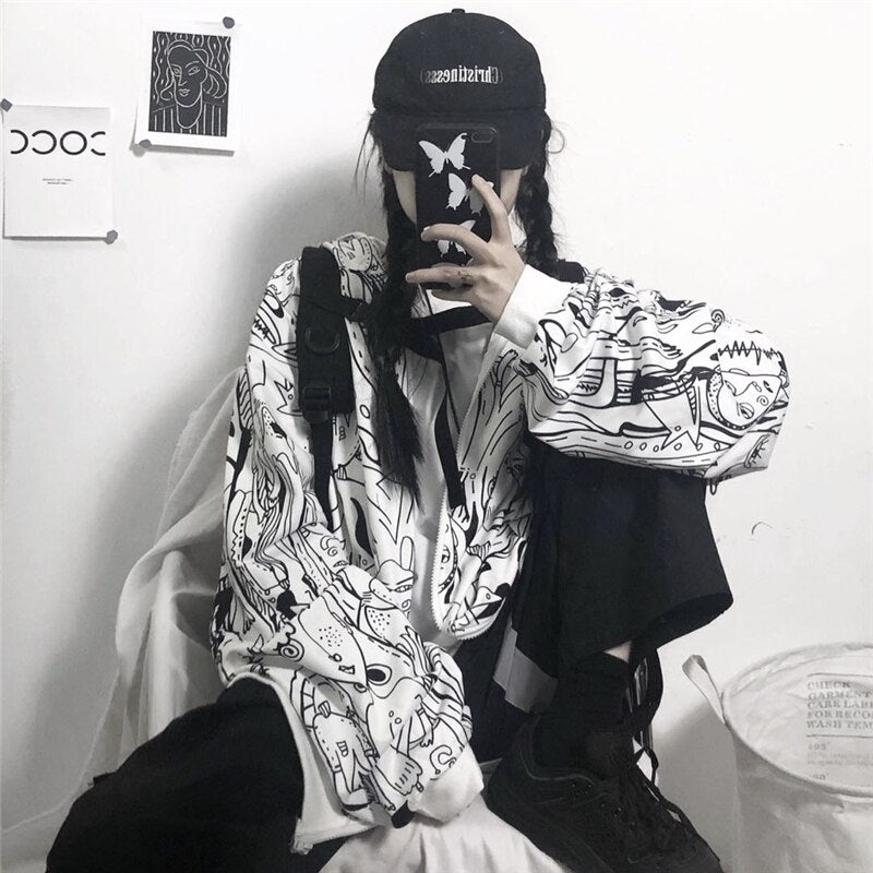 Abstract Print Hooded Plus Fleece  Street Wear Jacket