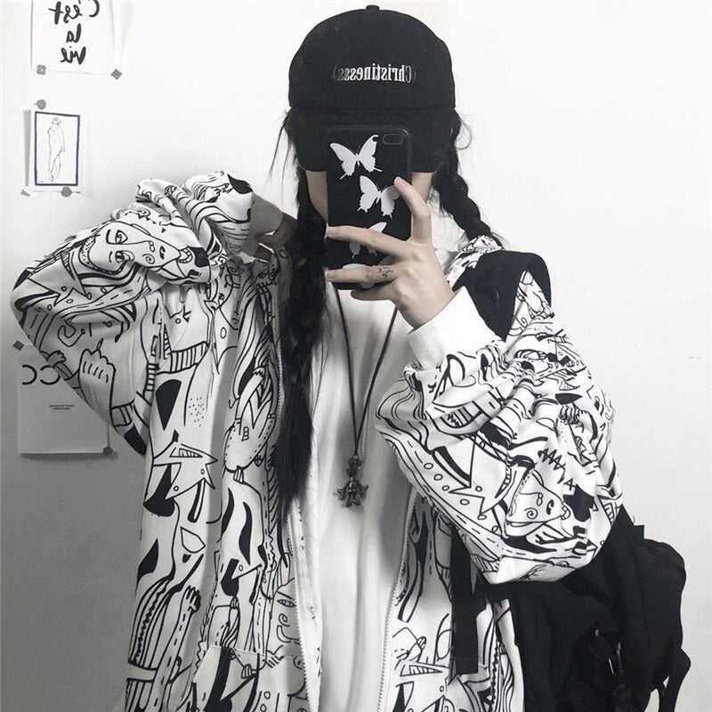 Abstract Print Hooded Plus Fleece  Street Wear Jacket