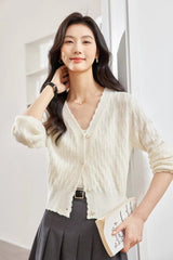 Acrylic V-Neck Soft Knitted Solid Full Sleeve Basic Short Cardigan Sweater