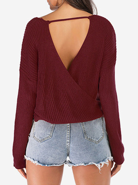 Acrylic Wrap  Pullovers V-Neck Long Sleeves Sweater