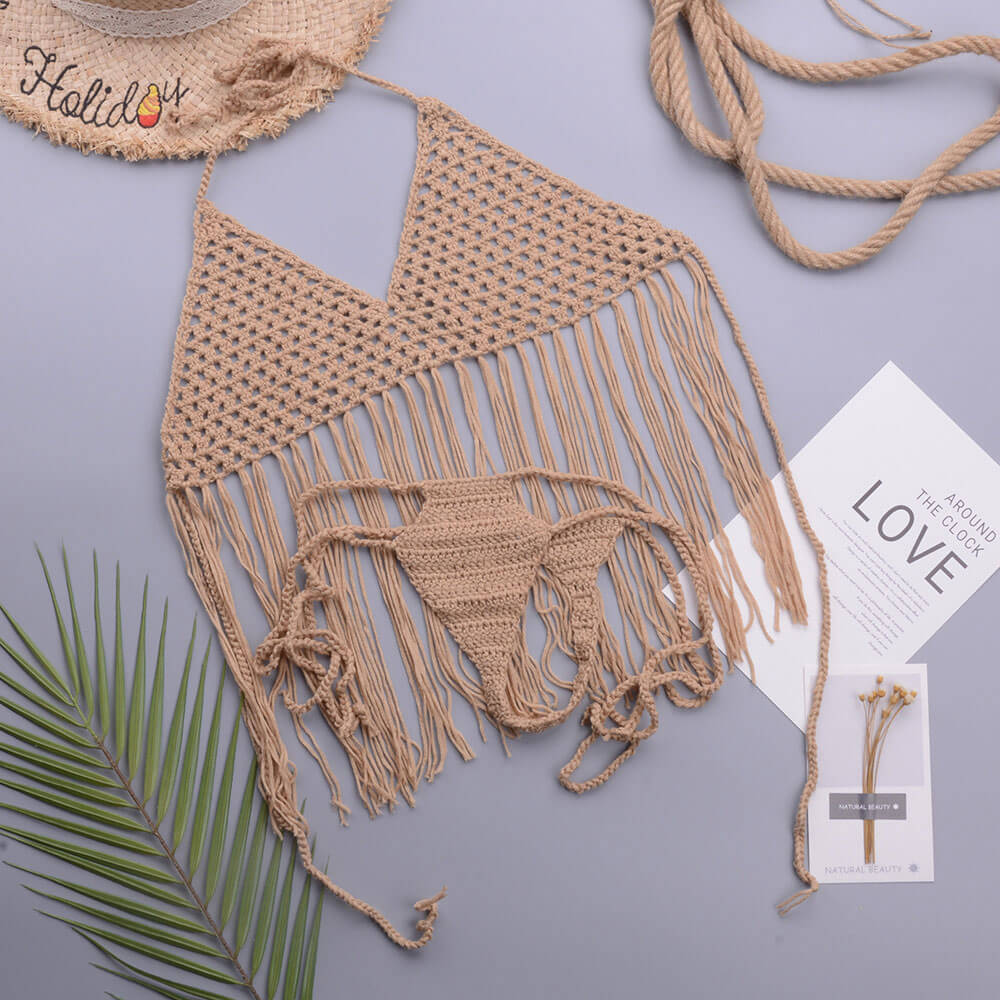 Open Knit Crochet Thong Tassel Halter Brazilian Two Piece Bikini