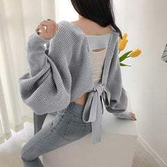 Backless Bandage Batwing Sleeve Korean Cardigan