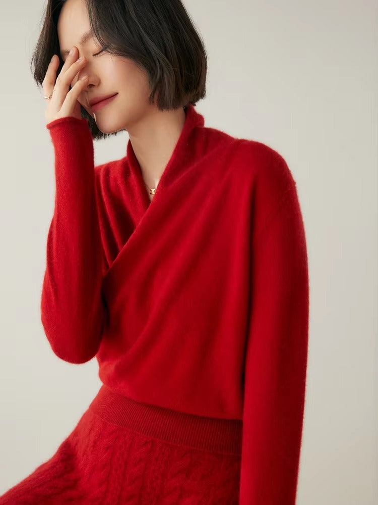 Basic Grace Soft Warm Crossover Collar Pullover Cashmere Sweater