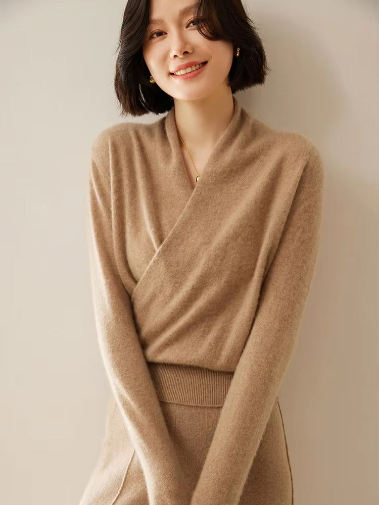 Basic Grace Soft Warm Crossover Collar Pullover Cashmere Sweater