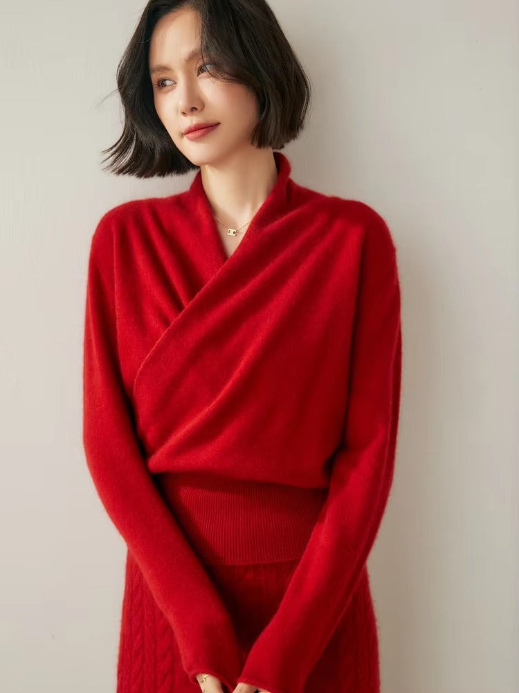 Basic Grace Soft Warm Crossover Collar Pullover Cashmere Sweater