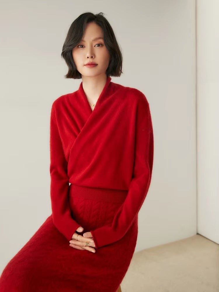 Basic Grace Soft Warm Crossover Collar Pullover Cashmere Sweater