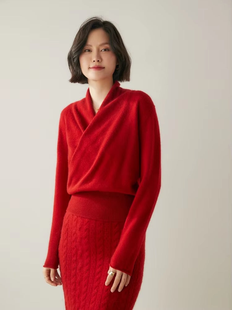 Basic Grace Soft Warm Crossover Collar Pullover Cashmere Sweater