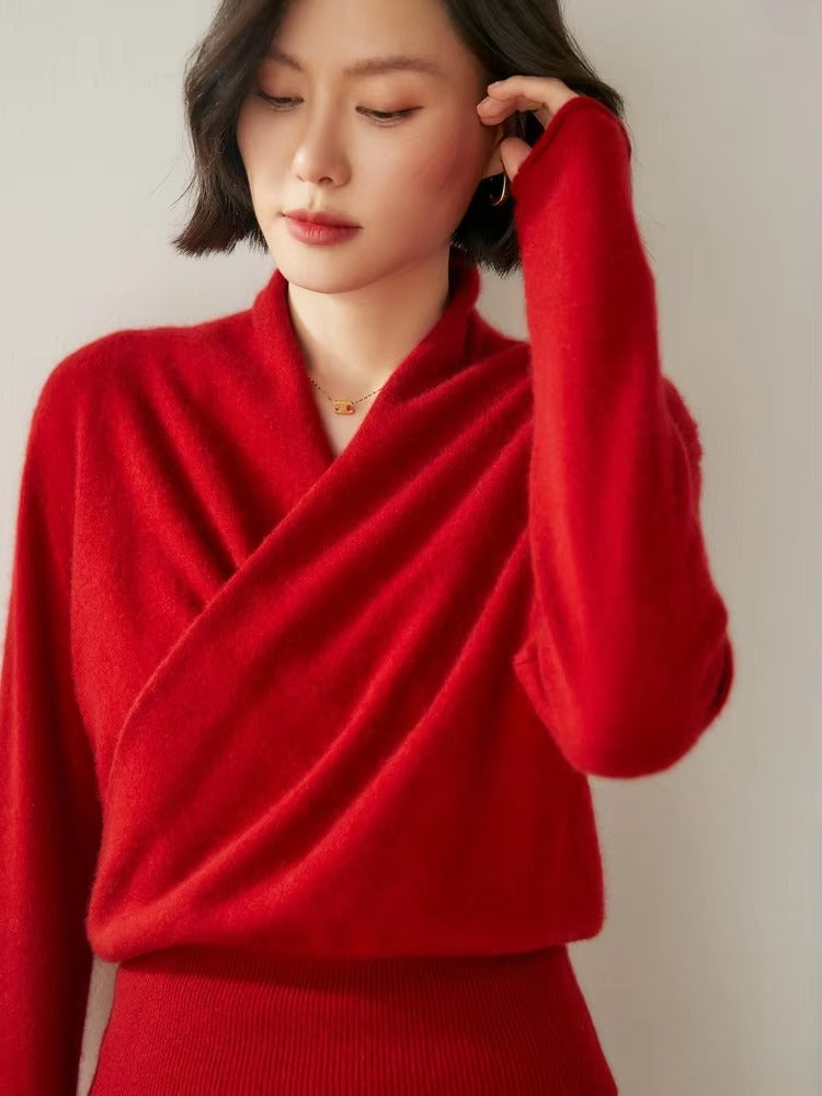 Basic Grace Soft Warm Crossover Collar Pullover Cashmere Sweater
